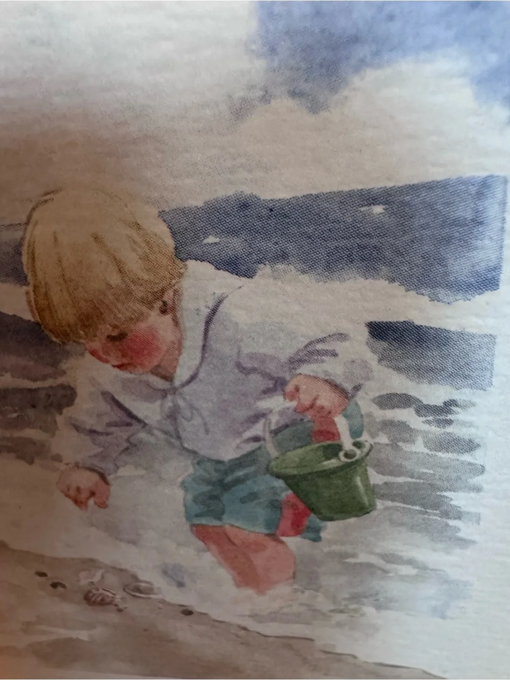 Vintage Miniature Watercolor Beach Boy Gold Frame Grandmillennial Coastal Art